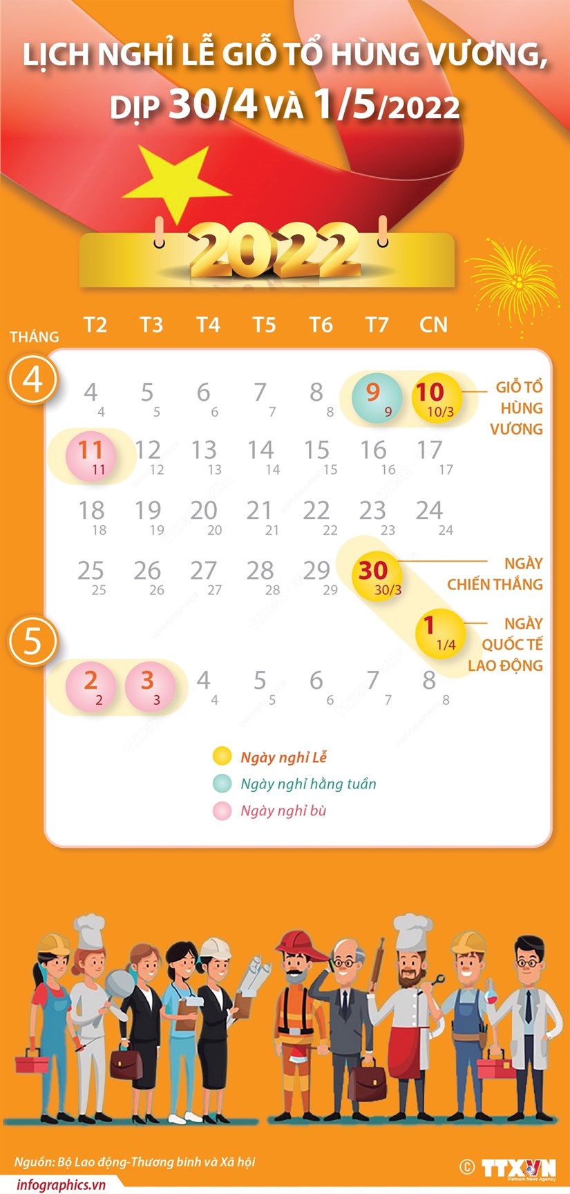 Lịch nghỉ lễ giỗ Tổ Hùng Vương - 30/04 và 01/05/2022